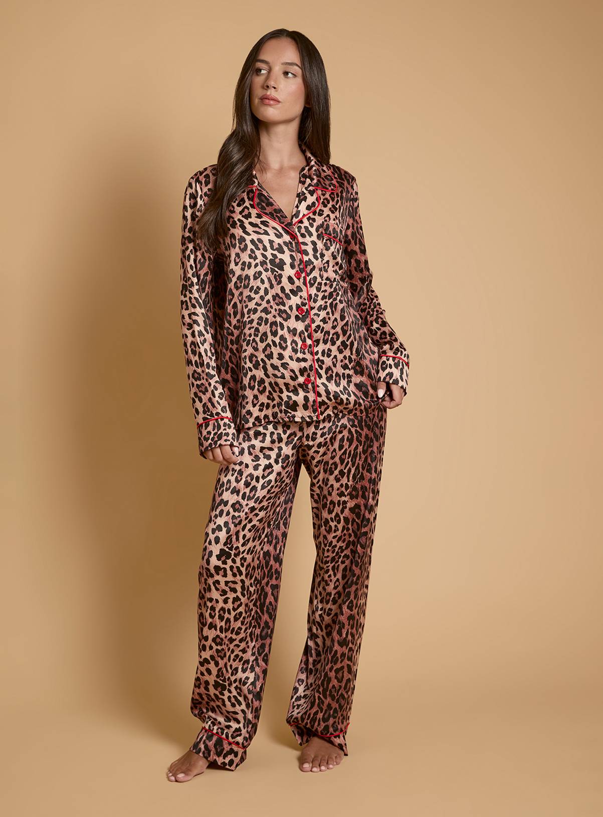 OASIS Leopard Long Sleeve Satin Printed Nightwear Set M - Image 1